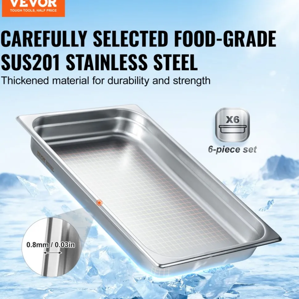 VEVOR 6 Pack Hotel Pans, Full Size Anti-Jam Steam Pan, 0.8mm Thick Stainless Steel Restaurant Steam Table Pan, 2.5-Inch Deep Commercial Table Pan, Catering Storage Food Pan, for Industrial & Scientifi