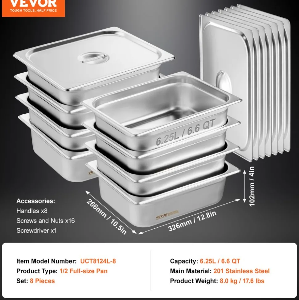 VEVOR 8 Pack Hotel Pans, 1/2 Size Anti-Jam Steam Pan with Lid, 0.8mm Thick Stainless Steel Steam Table Pan, 4-Inch Deep Commercial Table Pan, Catering Storage Food Pan, for Industrial & Scientific