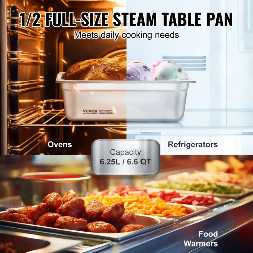 VEVOR 8 Pack Hotel Pans, 1/2 Size Anti-Jam Steam Pan with Lid, 0.8mm Thick Stainless Steel Steam Table Pan, 4-Inch Deep Commercial Table Pan, Catering Storage Food Pan, for Industrial & Scientific