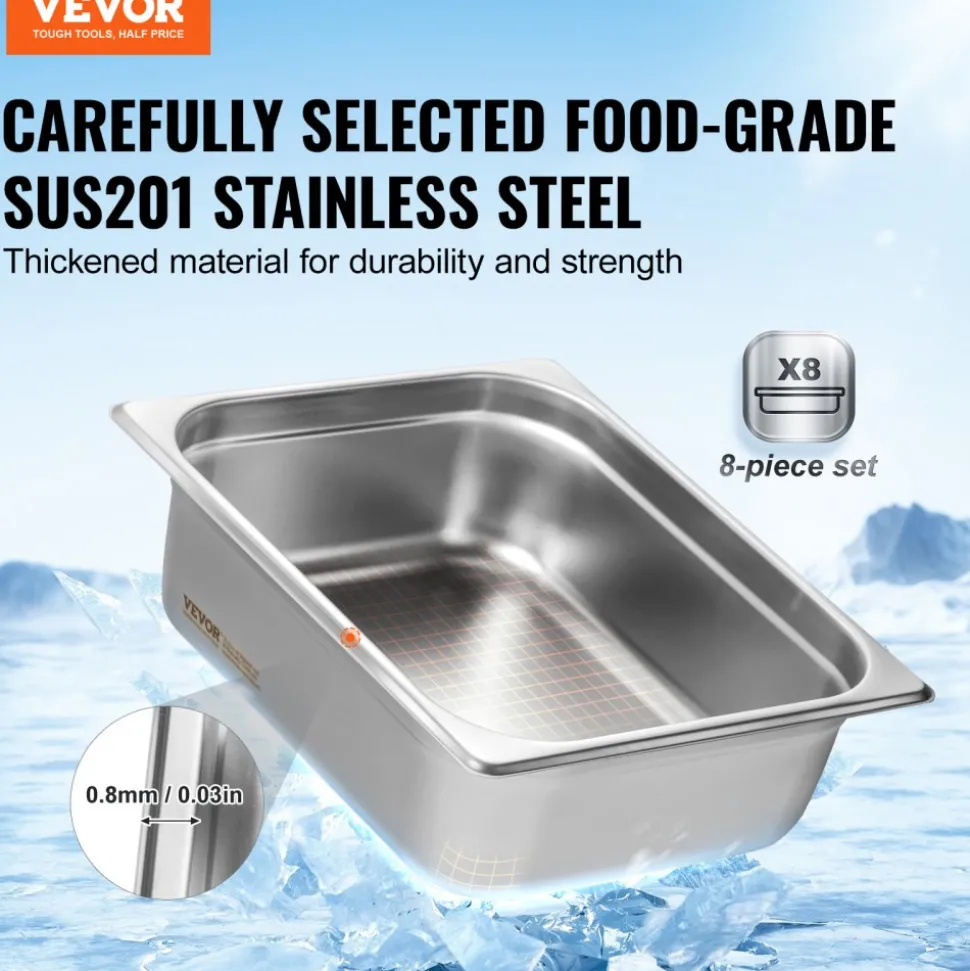 VEVOR 8 Pack Hotel Pans, 1/2 Size Anti-Jam Steam Pan with Lid, 0.8mm Thick Stainless Steel Steam Table Pan, 4-Inch Deep Commercial Table Pan, Catering Storage Food Pan, for Industrial & Scientific