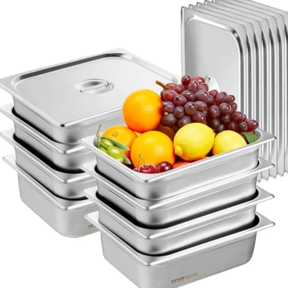 VEVOR 8 Pack Hotel Pans, 1/2 Size Anti-Jam Steam Pan with Lid, 0.8mm Thick Stainless Steel Steam Table Pan, 4-Inch Deep Commercial Table Pan, Catering Storage Food Pan, for Industrial & Scientific