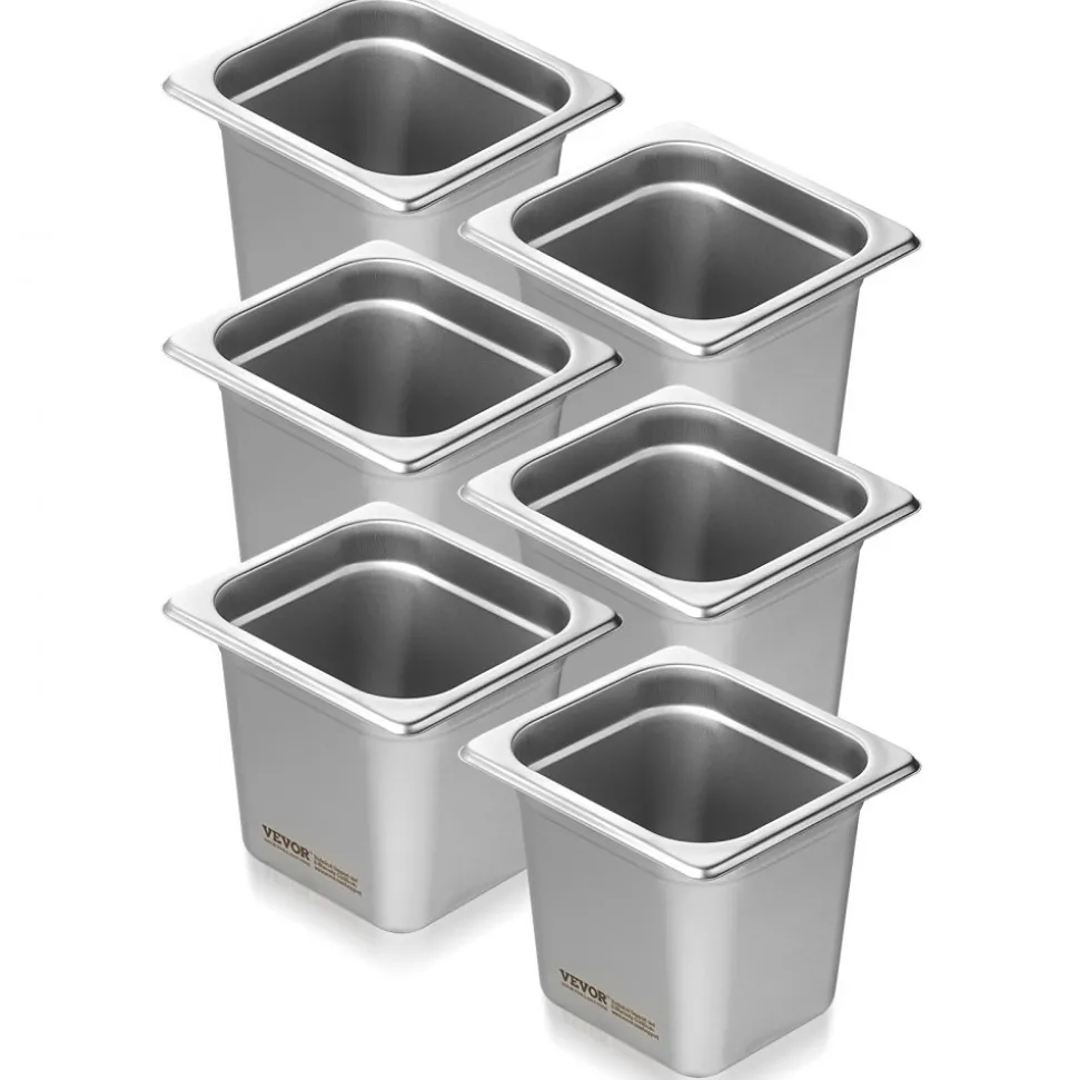 VEVOR 6 Pack Hotel Pans, 1/6 Size Anti-Jam Steam Pan, 0.8mm Thick Stainless Steel Restaurant Steam Table Pan, 6-Inch Deep Commercial Table Pan, Catering Storage Food Pan, for Industrial & Scientific