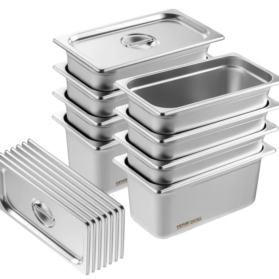 VEVOR 8 Pack Hotel Pans, 1/3 Size Anti-Jam Steam Pan with Lid, 0.8mm Thick Stainless Steel Steam Table Pan, 6-Inch Deep Commercial Table Pan, Catering Storage Food Pan, for Industrial & Scientific
