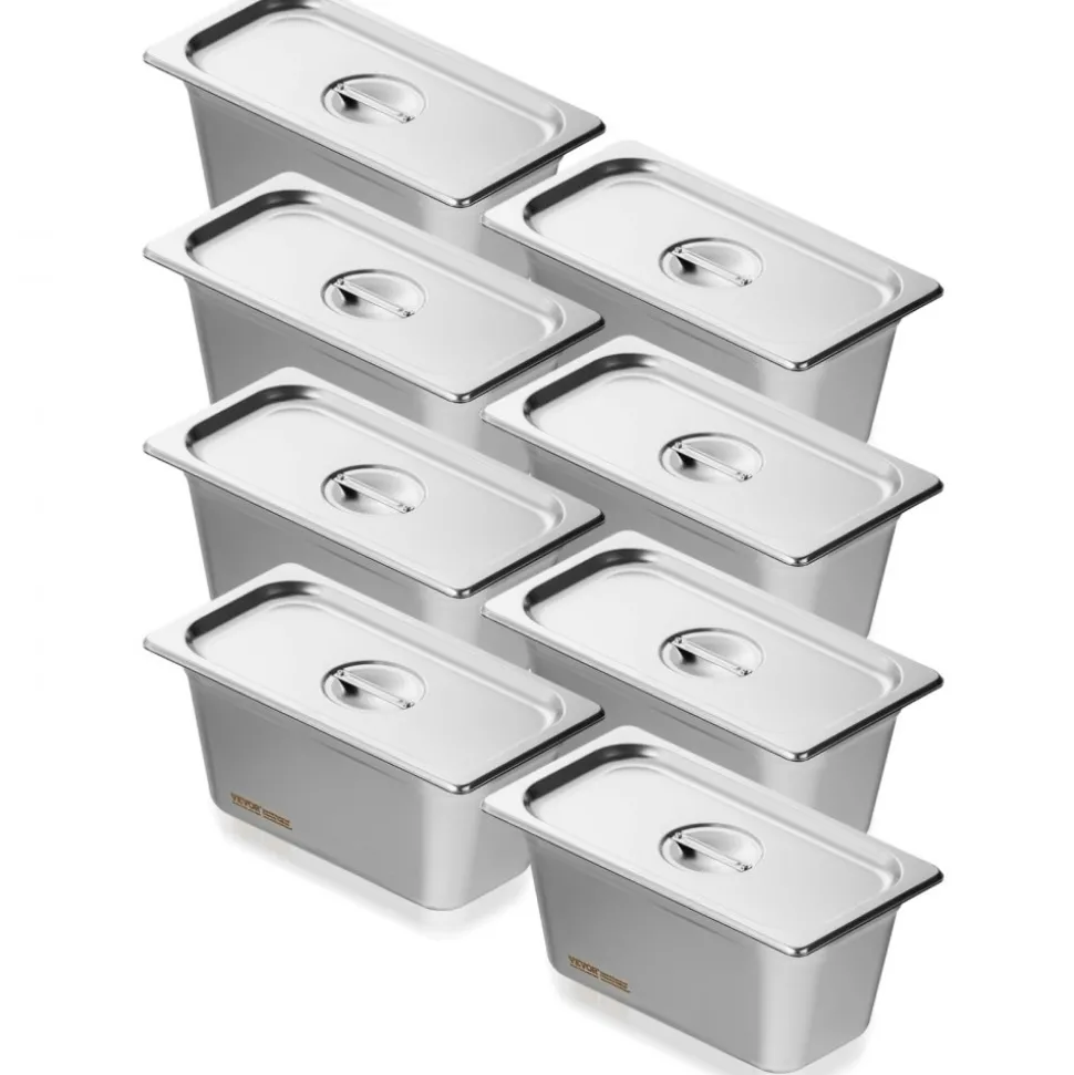 VEVOR 8 Pack Hotel Pans, 1/3 Size Anti-Jam Steam Pan with Lid, 0.8mm Thick Stainless Steel Steam Table Pan, 6-Inch Deep Commercial Table Pan, Catering Storage Food Pan, for Industrial & Scientific