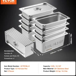VEVOR 8 Pack Hotel Pans, 1/3 Size Anti-Jam Steam Pan with Lid, 0.8mm Thick Stainless Steel Steam Table Pan, 6-Inch Deep Commercial Table Pan, Catering Storage Food Pan, for Industrial & Scientific