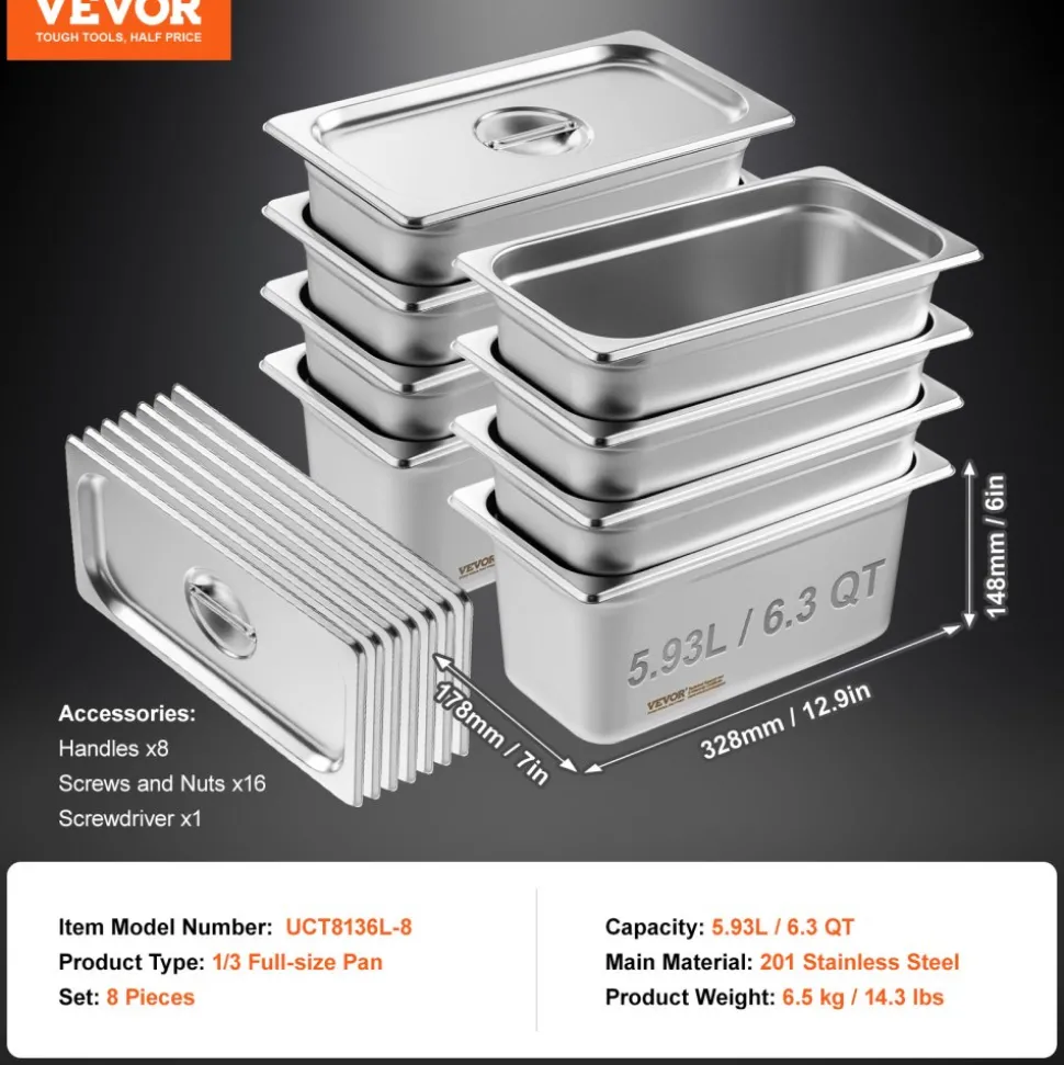 VEVOR 8 Pack Hotel Pans, 1/3 Size Anti-Jam Steam Pan with Lid, 0.8mm Thick Stainless Steel Steam Table Pan, 6-Inch Deep Commercial Table Pan, Catering Storage Food Pan, for Industrial & Scientific