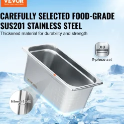 VEVOR 8 Pack Hotel Pans, 1/3 Size Anti-Jam Steam Pan with Lid, 0.8mm Thick Stainless Steel Steam Table Pan, 6-Inch Deep Commercial Table Pan, Catering Storage Food Pan, for Industrial & Scientific