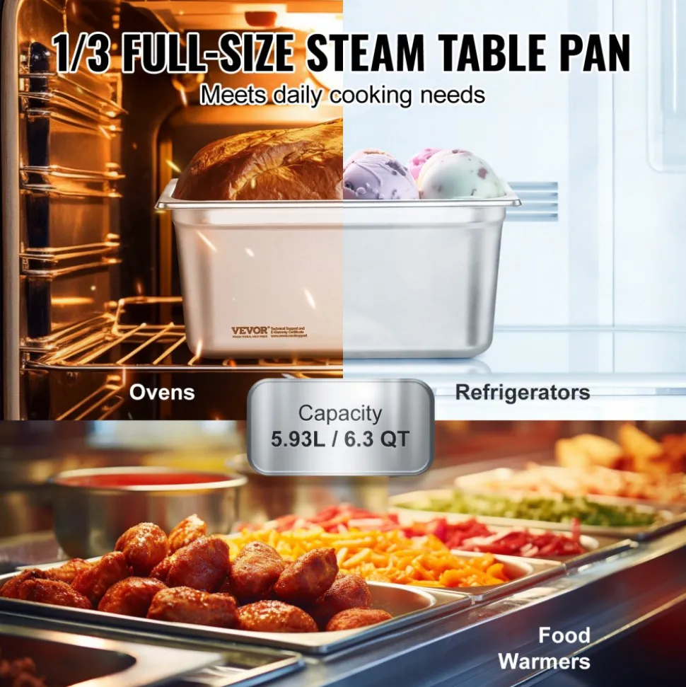 VEVOR 8 Pack Hotel Pans, 1/3 Size Anti-Jam Steam Pan with Lid, 0.8mm Thick Stainless Steel Steam Table Pan, 6-Inch Deep Commercial Table Pan, Catering Storage Food Pan, for Industrial & Scientific