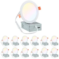 VEVOR 12 Pack 6 Inch LED Recessed Ceiling Light, 5CCT, Canless Wafer Downlight with Junction Box, 2700K/3000K/3500K/4000K/5000K Selectable, 1100 LM High Brightness 12W 120V, for Indoor Home Lighting