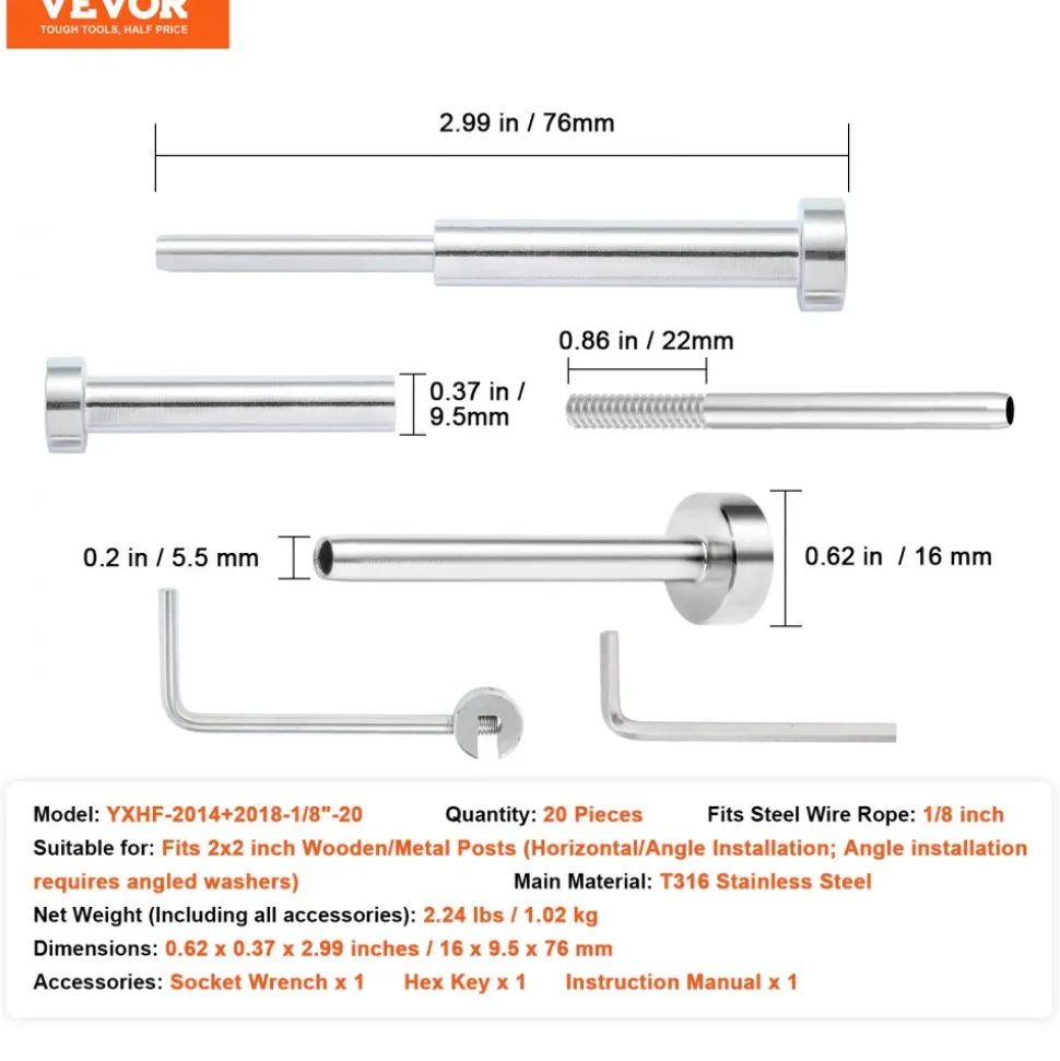 VEVOR 20 Pack Invisible Cable Railing kit, T316 Stainless Steel 1/8" Invisible Receiver and Swage Stud End for Cable Railing, Swage Tensioner 1/8" for Wood/Metal Post, Cable Railing Hardware, Silver