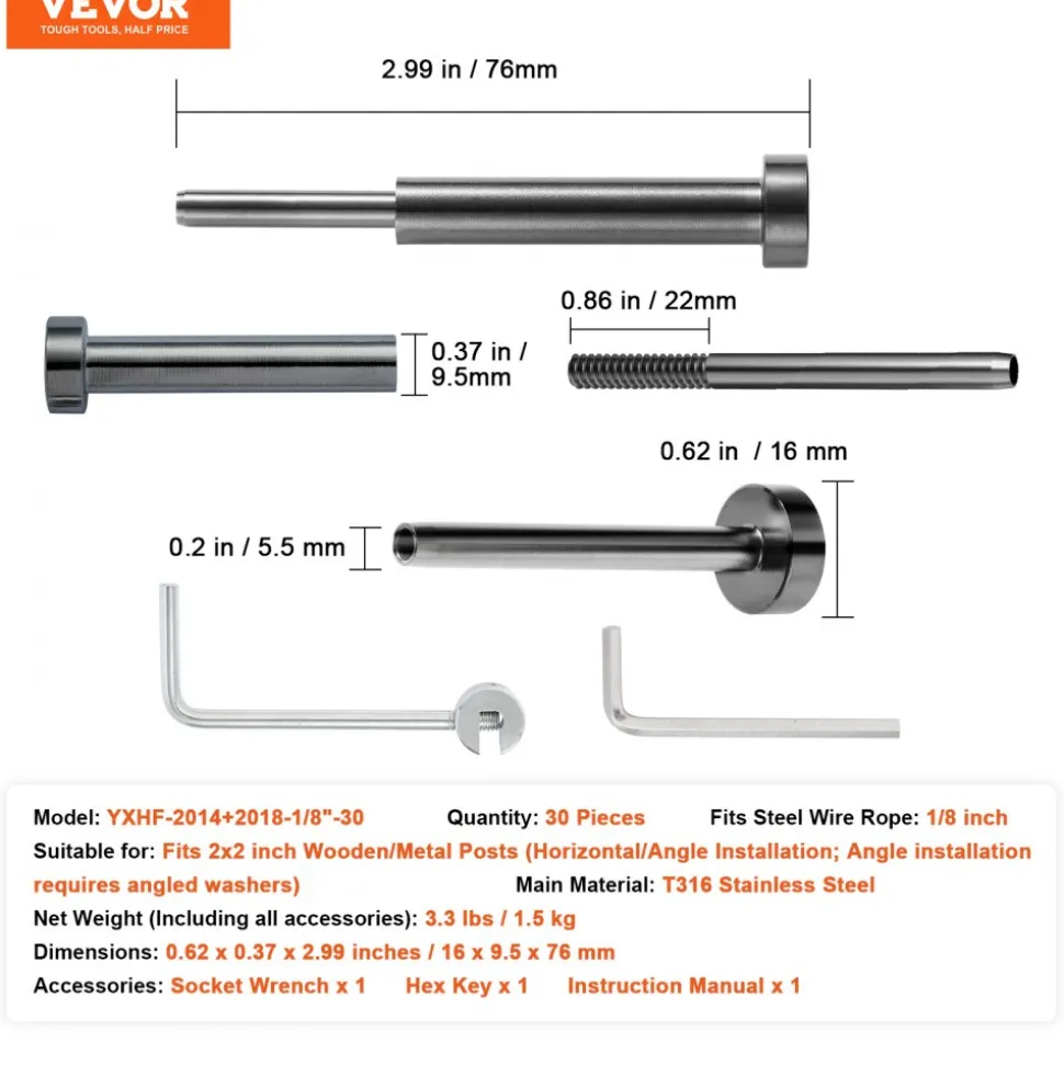 VEVOR 30 Pack Invisible Cable Railing kit, T316 Stainless Steel 1/8" Invisible Receiver and Swage Stud End for Cable Railing, Swage Tensioner 1/8" for Wood/Metal Post, Cable Railing Hardware, Black