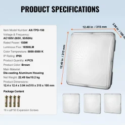 VEVOR 4 Pack LED Canopy Lights, 150W, 16500LM 5000K Daylight Commercial Industrial Outdoor Canopy Lights, 12.4