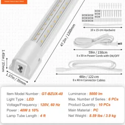 VEVOR 10 Pack LED Shop Light, 4 FT, 40W Linkable Shop Light Fixture, 6500 LM Ceiling Lights 59 in Power Cords with ON/OFF Switch 48 in Connector Cables, for Garage Warehouse Home Workkshop and Office