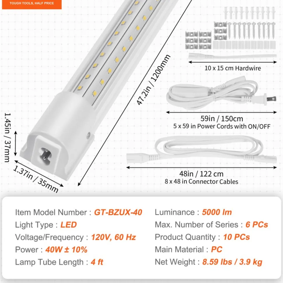 VEVOR 10 Pack LED Shop Light, 4 FT, 40W Linkable Shop Light Fixture, 6500 LM Ceiling Lights 59 in Power Cords with ON/OFF Switch 48 in Connector Cables, for Garage Warehouse Home Workkshop and Office