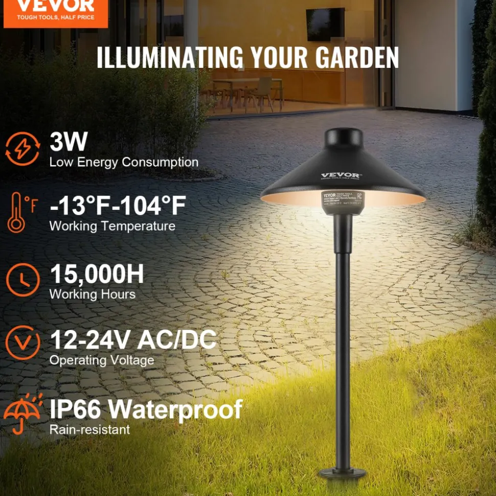 VEVOR 8 Pack Low Voltage Landscape Path Lights, 3W 210LM 12V-24VAC/DC Outdoor LED Pathway Lighting, 3000K Warm White Walkway Lights with Quick Connectors, IP66 Waterproof for Yard Garden Sidewalk