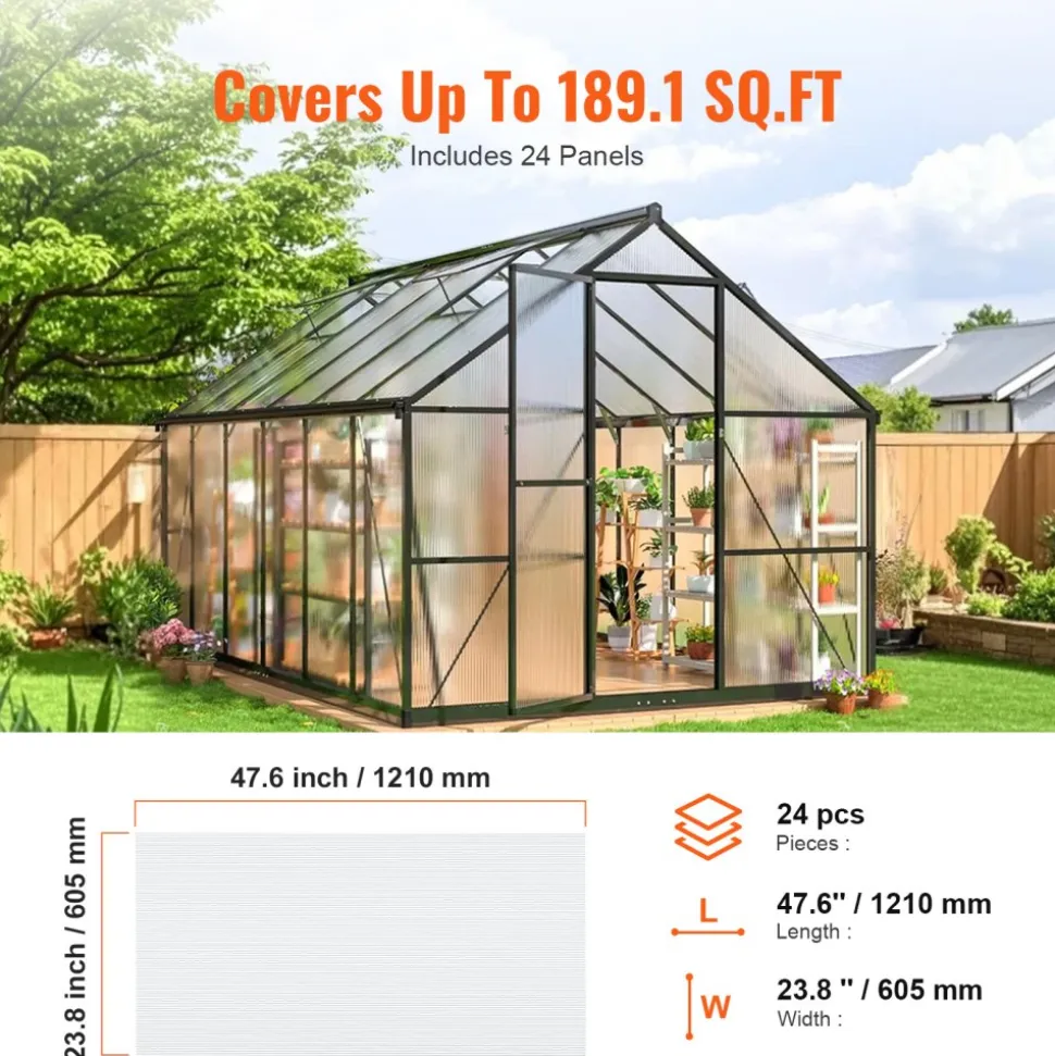 VEVOR 12 Pack Polycarbonate Greenhouse Panels, 2' X 4' X 0.24'' Roof Panels Sheets, Waterproof UV Protected Corrugated Plastic Roofing, Impact Resistance Clear Roofing Sheets for Greenhouse/Garden