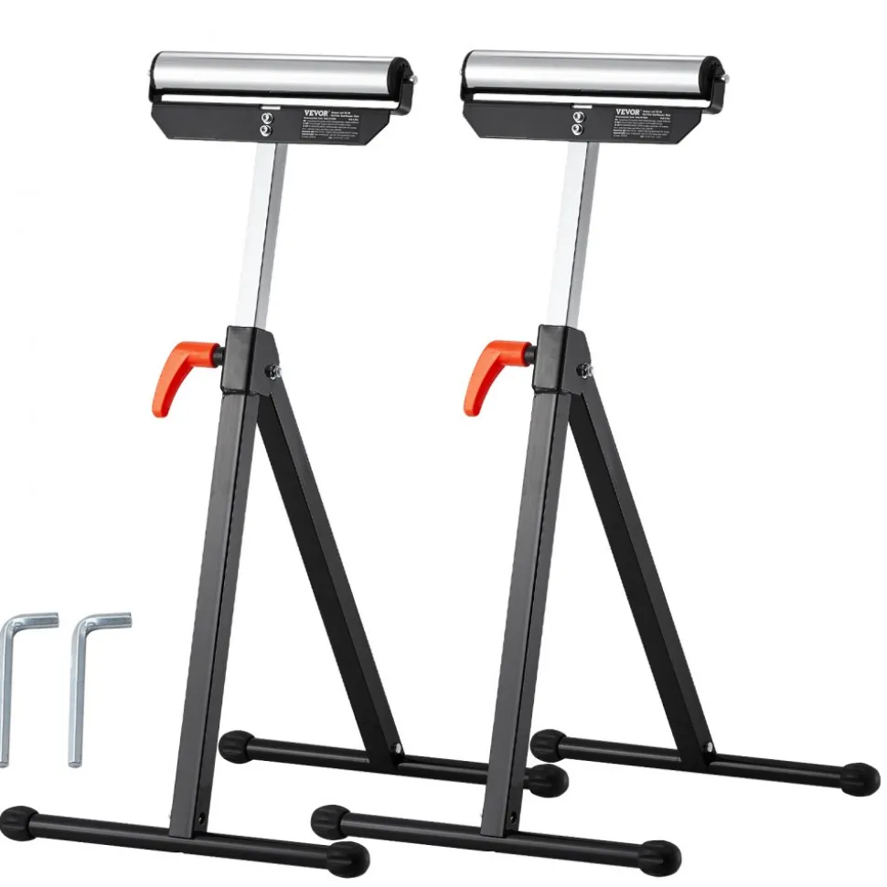 VEVOR 2-Pack Roller Stands, 135 lb Load Capacity, 26.8-42.5'' Adjustable Height, Folding Heavy Duty Design with 11.5 in Polished Steel Roller Head, for Table Saw Outfeed Woodworking Extension Support