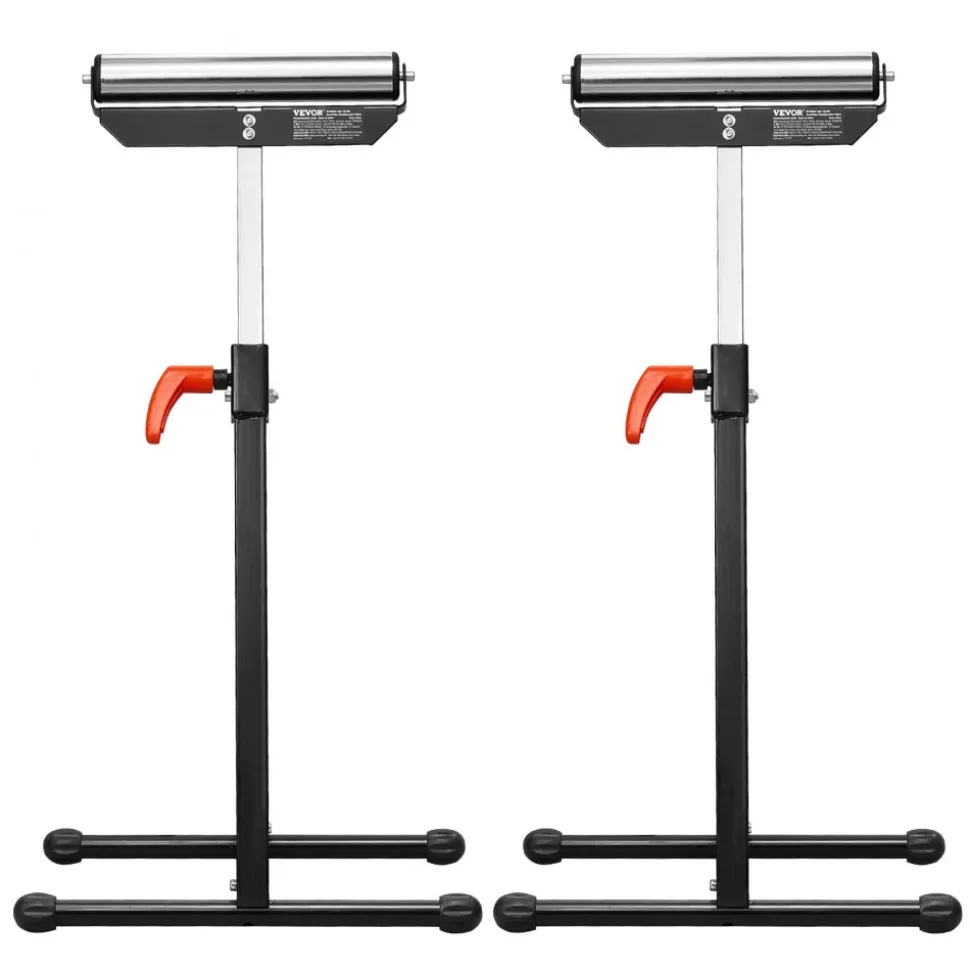 VEVOR 2-Pack Roller Stands, 135 lb Load Capacity, 26.8-42.5'' Adjustable Height, Folding Heavy Duty Design with 11.5 in Polished Steel Roller Head, for Table Saw Outfeed Woodworking Extension Support