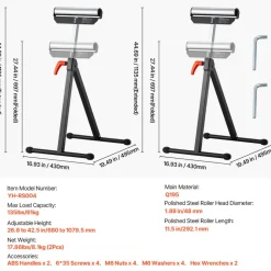 VEVOR 2-Pack Roller Stands, 135 lb Load Capacity, 26.8-42.5'' Adjustable Height, Folding Heavy Duty Design with 11.5 in Polished Steel Roller Head, for Table Saw Outfeed Woodworking Extension Support
