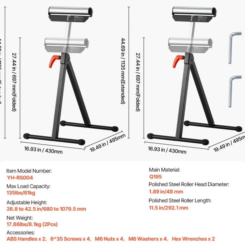VEVOR 2-Pack Roller Stands, 135 lb Load Capacity, 26.8-42.5'' Adjustable Height, Folding Heavy Duty Design with 11.5 in Polished Steel Roller Head, for Table Saw Outfeed Woodworking Extension Support