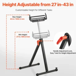 VEVOR 2-Pack Roller Stands, 250 lbs Load Capacity, 27-43 in Adjustable Height, Folding Heavy Duty with Polished Steel Roller Head & Edge Guides, for Table Saw Outfeed Woodworking Extension Support