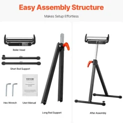VEVOR 2-Pack Roller Stands, 250 lbs Load Capacity, 27-43 in Adjustable Height, Folding Heavy Duty with Polished Steel Roller Head & Edge Guides, for Table Saw Outfeed Woodworking Extension Support