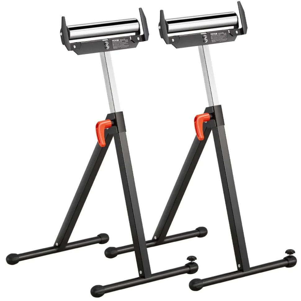 VEVOR 2-Pack Roller Stands, 250 lbs Load Capacity, 27-43 in Adjustable Height, Folding Heavy Duty with Polished Steel Roller Head & Edge Guides, for Table Saw Outfeed Woodworking Extension Support