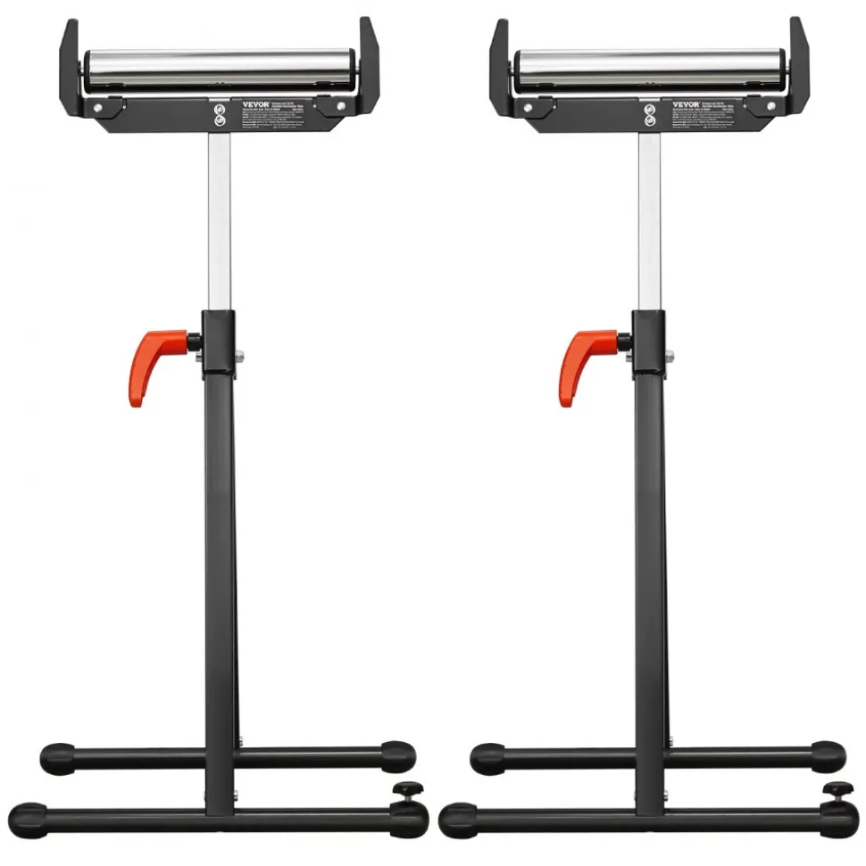 VEVOR 2-Pack Roller Stands, 250 lbs Load Capacity, 27-43 in Adjustable Height, Folding Heavy Duty with Polished Steel Roller Head & Edge Guides, for Table Saw Outfeed Woodworking Extension Support