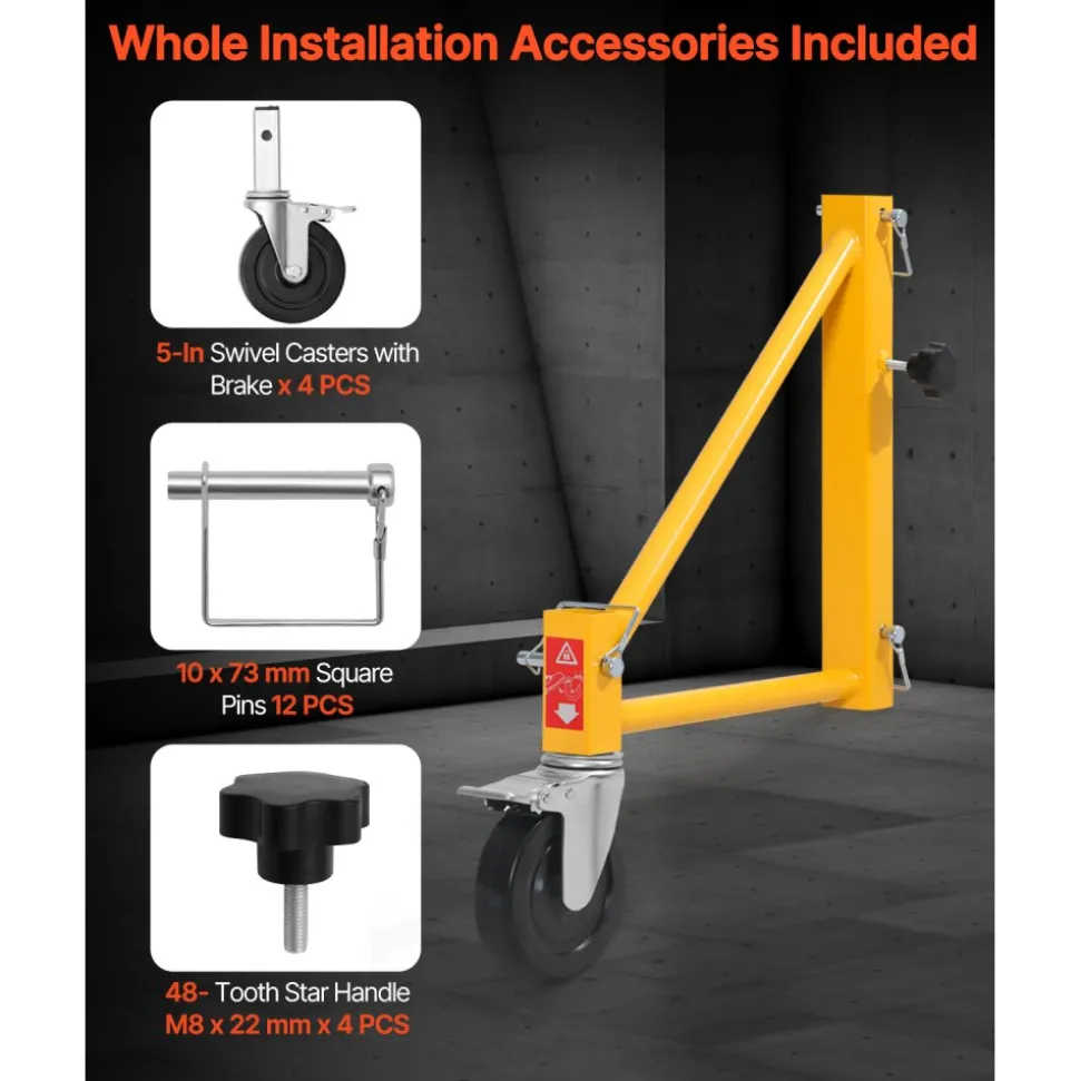 VEVOR 4-Pack Scaffold Outriggers, 1000 lbs Total Load Capacity Baker-Style Scaffolding Accessory with Swivel Casters, Carbon Steel Scaffold Wheel System with Rust Proof Galvanized Surface, Yellow