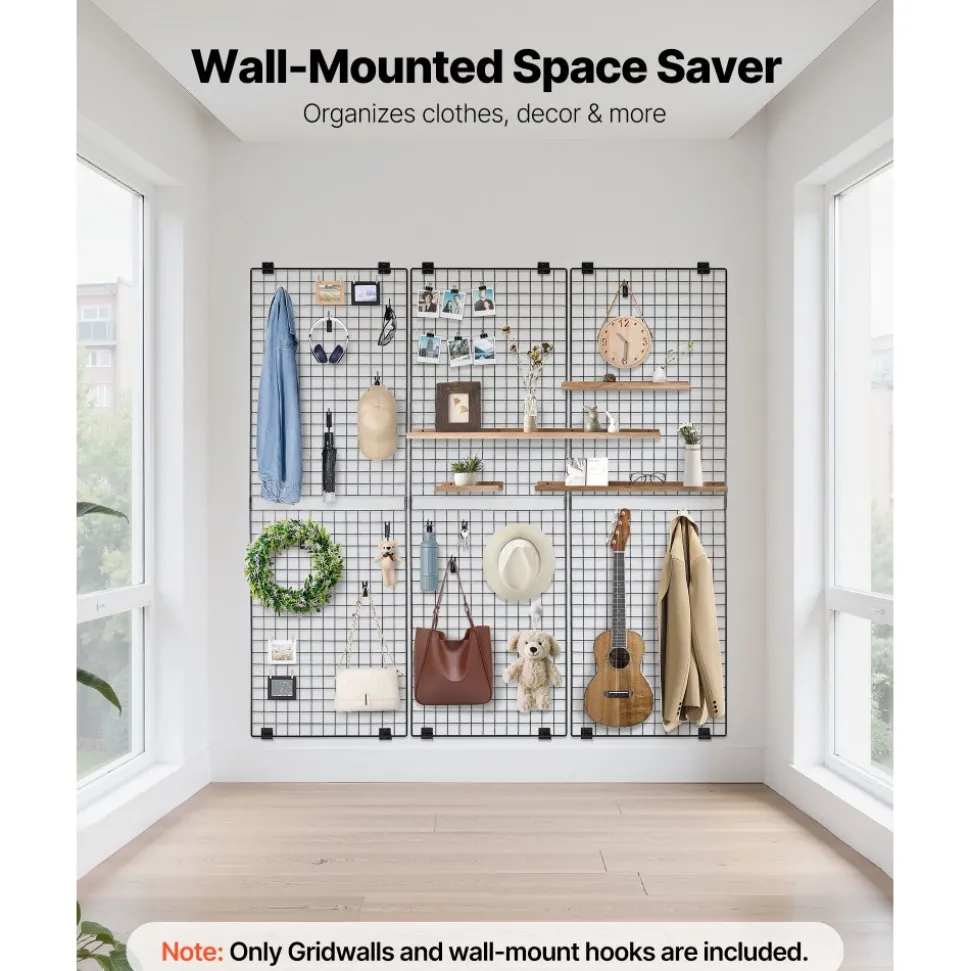 VEVOR 3 Packs Grid Wall Panels, 2 x 6 ft Wire Grid Panels Display Rack, Wall-Mounted Art Display Shelf, Black Carbon Steel Wall Hanging Gridwall for Craft Show, Decoration, Storage, Notice Board