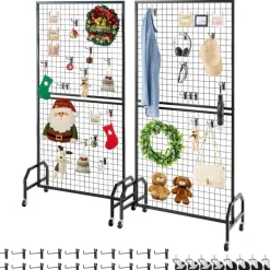 VEVOR 2 Packs Grid Wall Panels, 2.9 x 5.9 ft Wire Grid Panels Display Rack, Movable Art Display Shelf with Wheels and 10 Hooks, Black Carbon Steel Gridwall for Craft Show, Decor, Storage, Notice Board