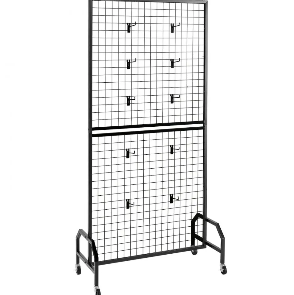 VEVOR 2 Packs Grid Wall Panels, 2.9 x 5.9 ft Wire Grid Panels Display Rack, Movable Art Display Shelf with Wheels and 10 Hooks, Black Carbon Steel Gridwall for Craft Show, Decor, Storage, Notice Board