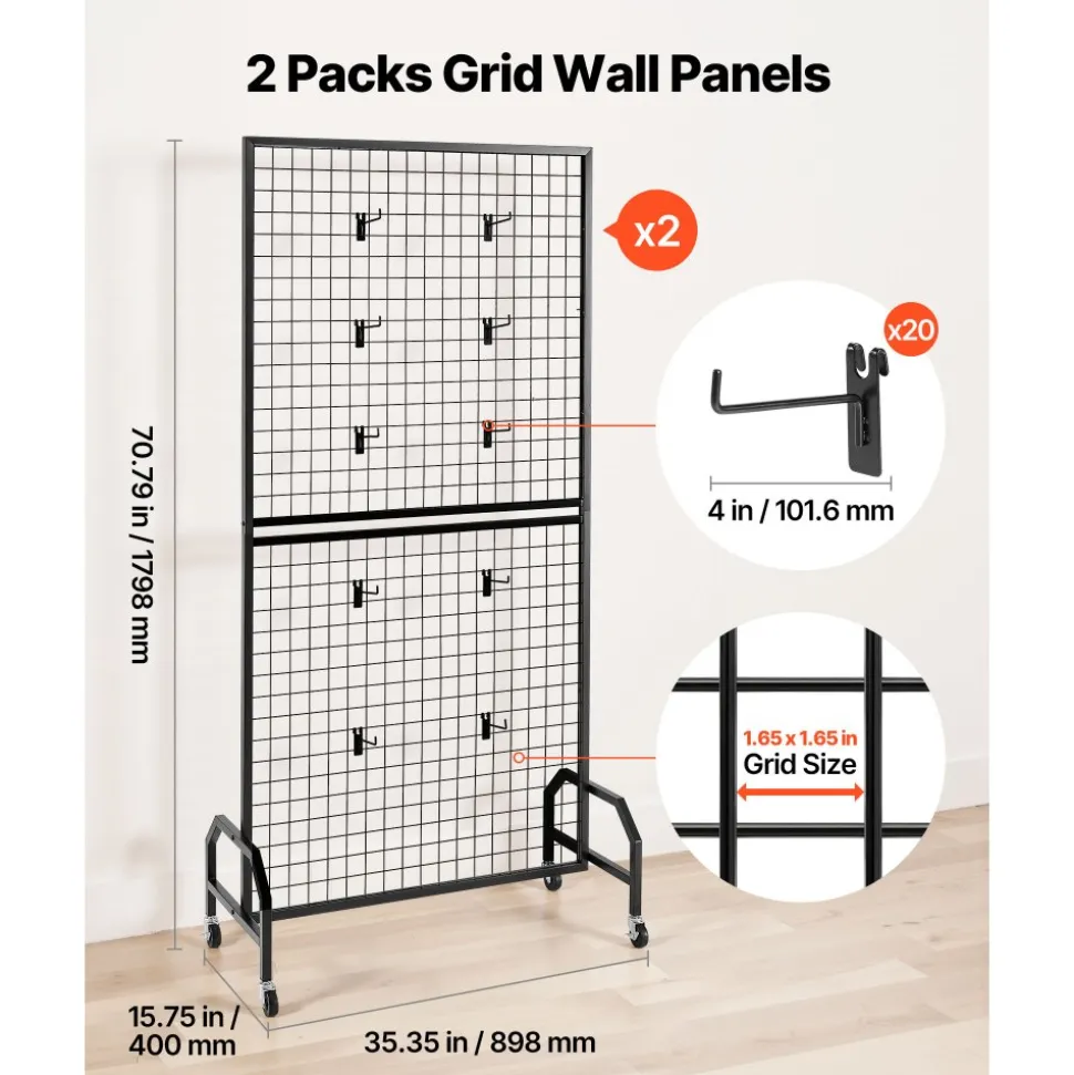 VEVOR 2 Packs Grid Wall Panels, 2.9 x 5.9 ft Wire Grid Panels Display Rack, Movable Art Display Shelf with Wheels and 10 Hooks, Black Carbon Steel Gridwall for Craft Show, Decor, Storage, Notice Board