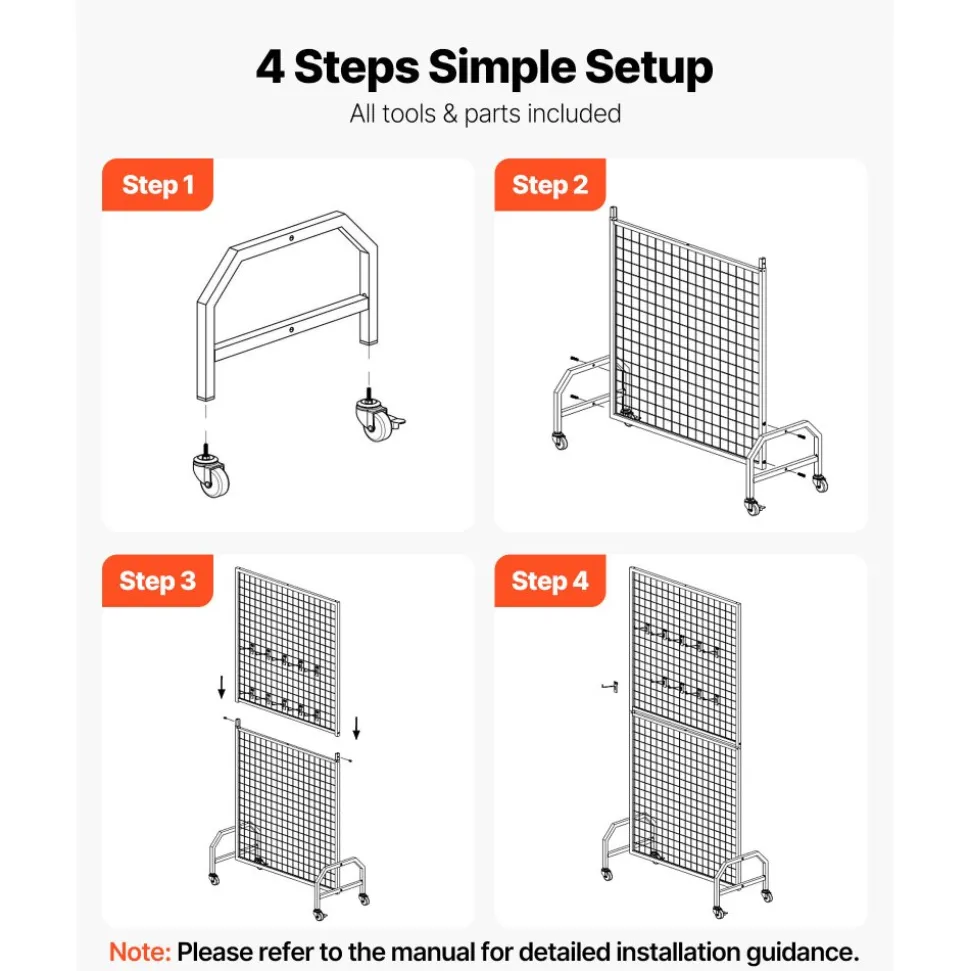 VEVOR 2 Packs Grid Wall Panels, 2.9 x 5.9 ft Wire Grid Panels Display Rack, Movable Art Display Shelf with Wheels and 10 Hooks, Black Carbon Steel Gridwall for Craft Show, Decor, Storage, Notice Board