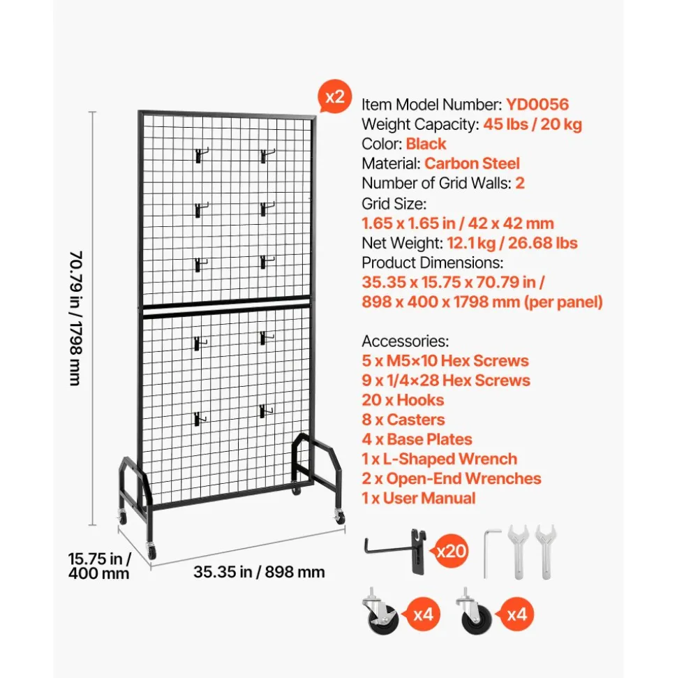 VEVOR 2 Packs Grid Wall Panels, 2.9 x 5.9 ft Wire Grid Panels Display Rack, Movable Art Display Shelf with Wheels and 10 Hooks, Black Carbon Steel Gridwall for Craft Show, Decor, Storage, Notice Board
