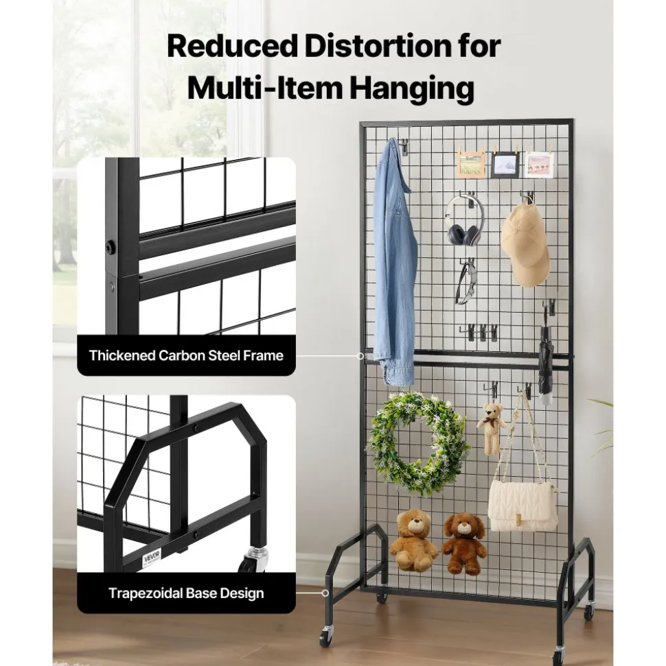 VEVOR 2 Packs Grid Wall Panels, 2.9 x 5.9 ft Wire Grid Panels Display Rack, Movable Art Display Shelf with Wheels and 10 Hooks, Black Carbon Steel Gridwall for Craft Show, Decor, Storage, Notice Board
