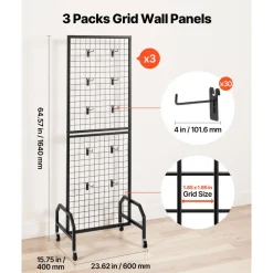 VEVOR 2 Packs Grid Wall Panels, 1.9 x 5.4 ft Wire Grid Panels Display Rack, Movable Art Display Shelf with Wheels and 20 Hooks, Black Carbon Steel Gridwall for Craft Show, Decor, Storage, Notice Board