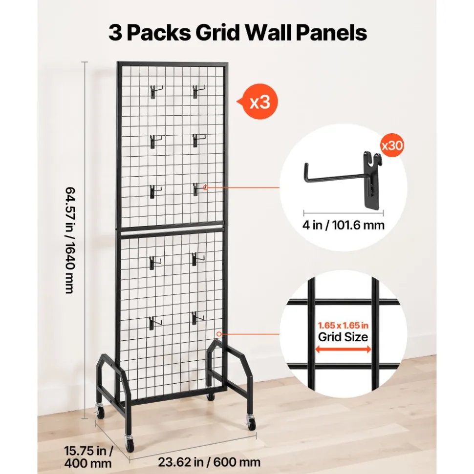 VEVOR 2 Packs Grid Wall Panels, 1.9 x 5.4 ft Wire Grid Panels Display Rack, Movable Art Display Shelf with Wheels and 20 Hooks, Black Carbon Steel Gridwall for Craft Show, Decor, Storage, Notice Board