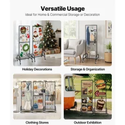 VEVOR 2 Packs Grid Wall Panels, 1.9 x 5.4 ft Wire Grid Panels Display Rack, Movable Art Display Shelf with Wheels and 20 Hooks, Black Carbon Steel Gridwall for Craft Show, Decor, Storage, Notice Board