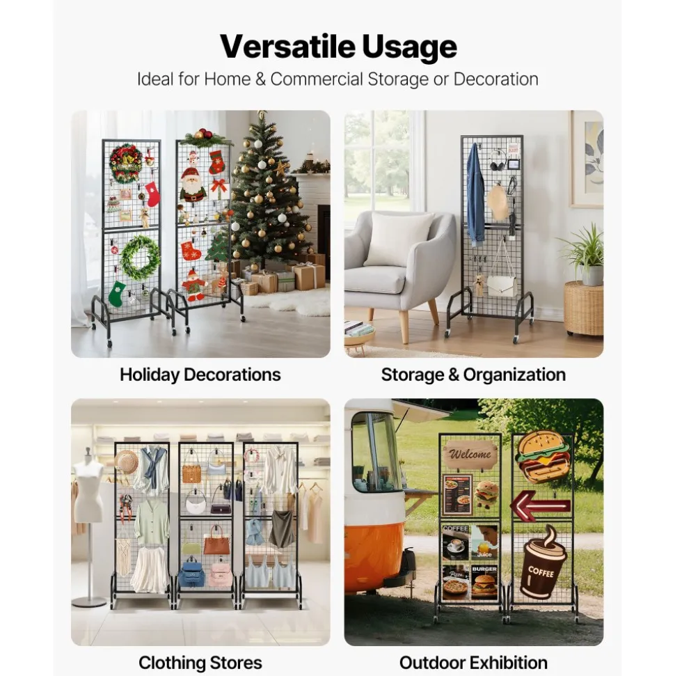 VEVOR 2 Packs Grid Wall Panels, 1.9 x 5.4 ft Wire Grid Panels Display Rack, Movable Art Display Shelf with Wheels and 20 Hooks, Black Carbon Steel Gridwall for Craft Show, Decor, Storage, Notice Board