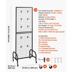 VEVOR 2 Packs Grid Wall Panels, 1.9 x 5.4 ft Wire Grid Panels Display Rack, Movable Art Display Shelf with Wheels and 20 Hooks, Black Carbon Steel Gridwall for Craft Show, Decor, Storage, Notice Board
