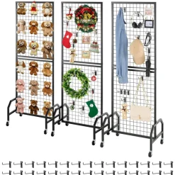 VEVOR 2 Packs Grid Wall Panels, 1.9 x 5.4 ft Wire Grid Panels Display Rack, Movable Art Display Shelf with Wheels and 20 Hooks, Black Carbon Steel Gridwall for Craft Show, Decor, Storage, Notice Board