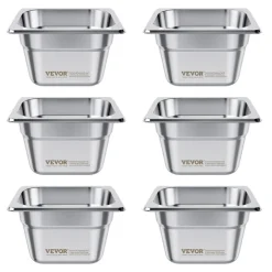 VEVOR 6 Pack Stainless Steam Hotel Pans, 1/6 Size Table Steam Pan, 4 Inch Deep, Anti Jam Restaurant Supplies Reusable Rustproof Catering Storage for Home, Party, Restaurant, Hotel, Buffet
