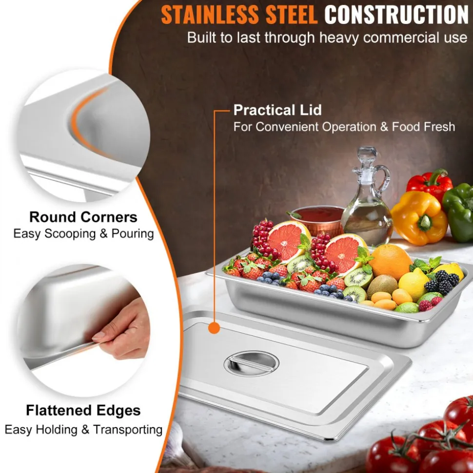 VEVOR 6 Pack Steam Table Pans 20.9 x 12.8 x 5.9 Inch Deep Steam Table Pan Full Size 20.5L Deep Food Container Stainless Steel Oven Tray Hotel Pans Anti-Jam Steam Table Food Pan
