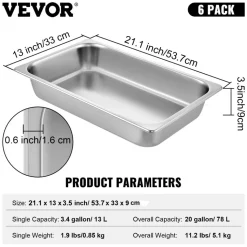 VEVOR 6 Pack Steam Table Pans 20.9 x 12.8 x 3.9 Inch Deep Steam Table Pan Full Size 13L Deep Food Container Stainless Steel Oven Tray Hotel Pans Anti-Jam Steam Table Food Pan