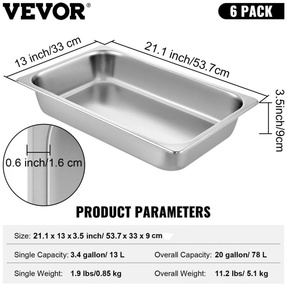VEVOR 6 Pack Steam Table Pans 20.9 x 12.8 x 3.9 Inch Deep Steam Table Pan Full Size 13L Deep Food Container Stainless Steel Oven Tray Hotel Pans Anti-Jam Steam Table Food Pan