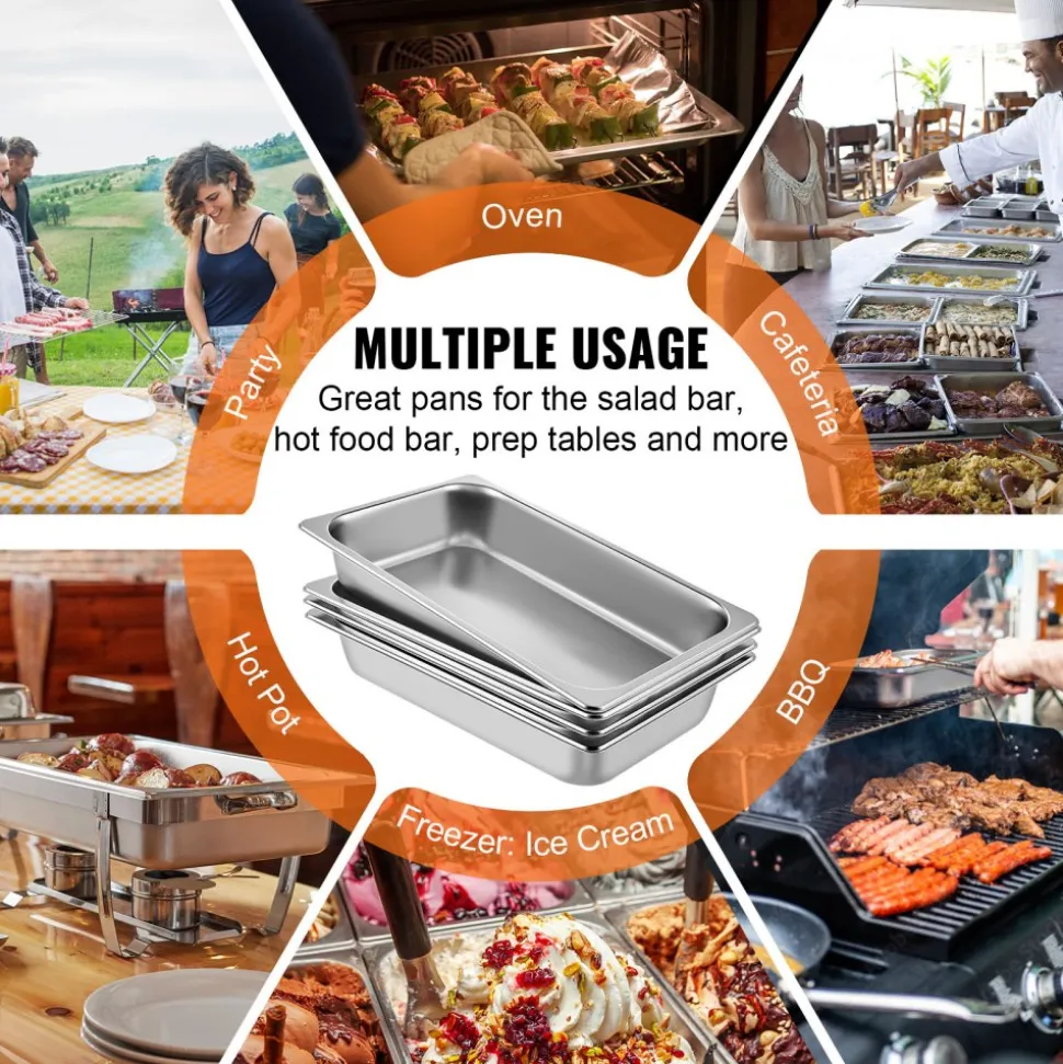 VEVOR 6 Pack Steam Table Pans 20.9 x 12.8 x 3.9 Inch Deep Steam Table Pan Full Size 13L Deep Food Container Stainless Steel Oven Tray Hotel Pans Anti-Jam Steam Table Food Pan