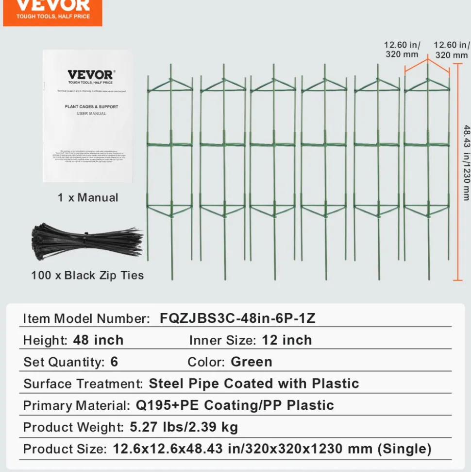 VEVOR 6 Packs Tomato Cages for Garden, 48 inch Tomato Trellis Plant Stakes Support, Stackable Tall Plant Support Cage, for Raised Garden Bed, Vegetables Flowers and Climbing Plants