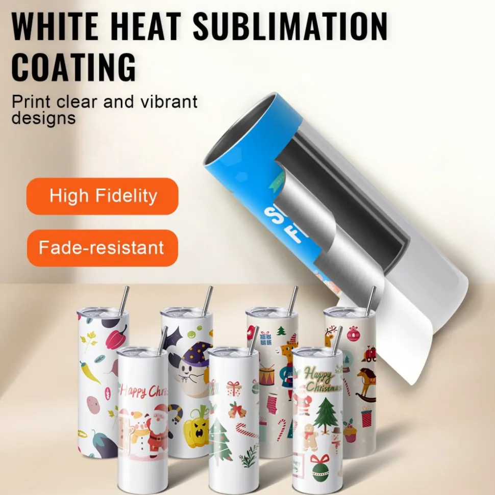 VEVOR 50 Pack Sublimation Tumblers 20oz Skinny Straight, Stainless Steel Sublimation Tumblers Blank, Stainless Steel Double Wall Tumbler for Heat Transfer Customized Gifts with Lid and Straw, Gift Box