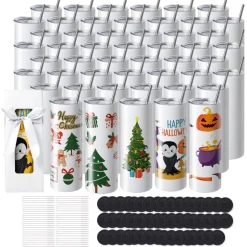 VEVOR 50 Pack Sublimation Tumblers 20oz Skinny Straight, Stainless Steel Sublimation Tumblers Blank, Stainless Steel Double Wall Tumbler for Heat Transfer Customized Gifts with Lid and Straw, Gift Box
